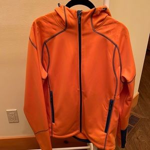 Men’s REI zip up hooded jackwt with adjustable hoody pulls size Medium